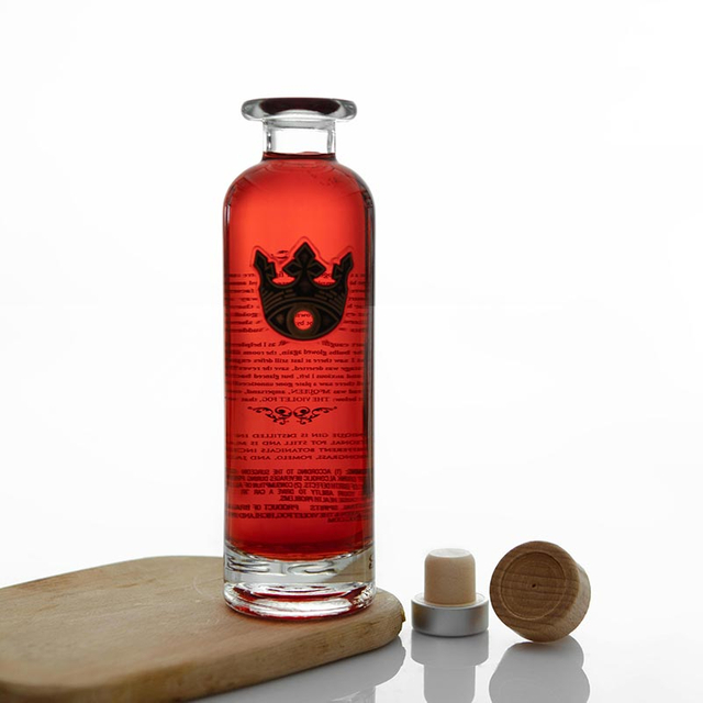 Botella de licor de vidrio redondo 75CL con tapón de corcho