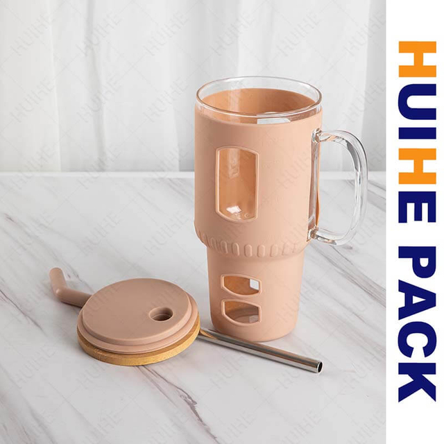 Botella de agua de vidrio de borosilicato de 32 oz de alto con pajita y tapa