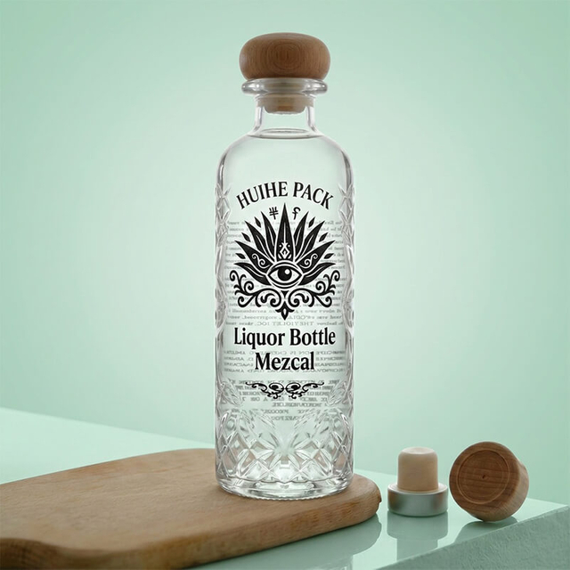 Botella de Licor de Vidrio Redonda de 75 CL con Tap&oacute;n de Corcho