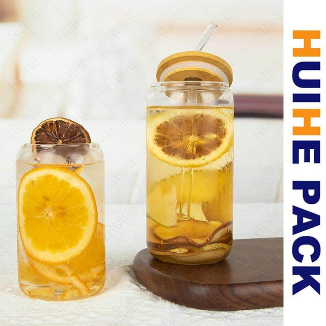 Lata de bebida de vidrio de borosilicato con alto contenido de cola con pajita y tapa