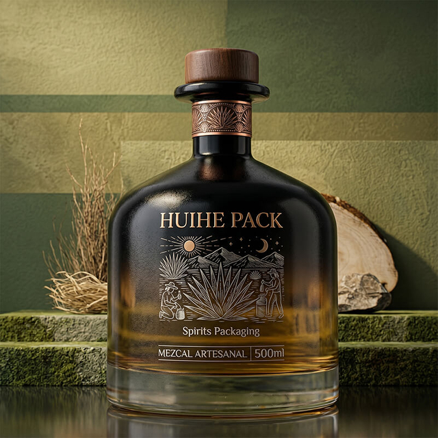 Botella de tequila de forma bulbosa suave cl&aacute;sica botella de hidromiel