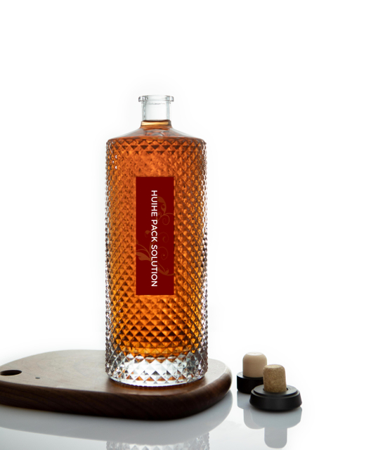 1L botella de alcohol de vidrio de whisky con textura redonda