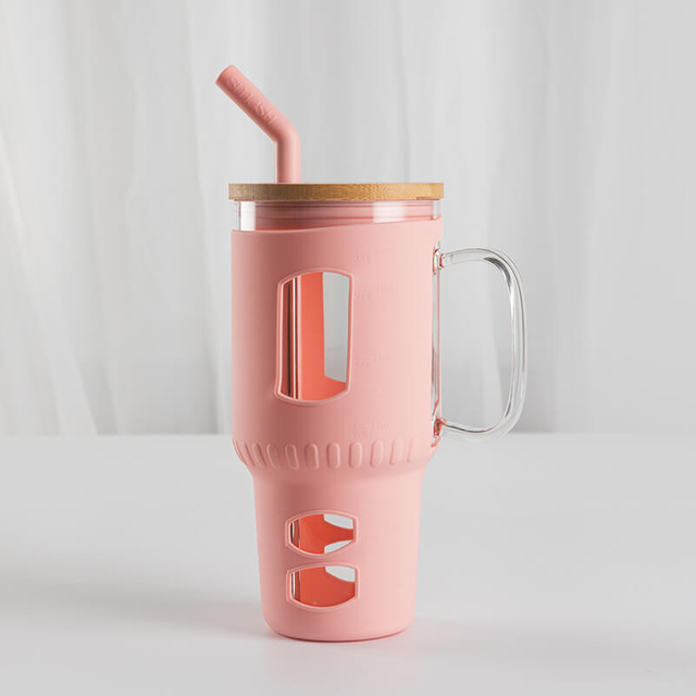 Botella de agua de vidrio de borosilicato de 32 oz de alto con pajita y tapa