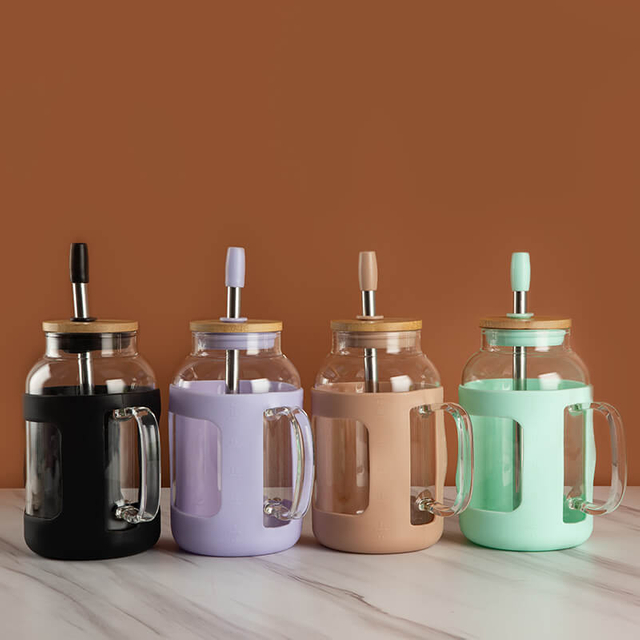 Botella de agua con mango de vidrio con pajita y tapa de alto borosilicato 