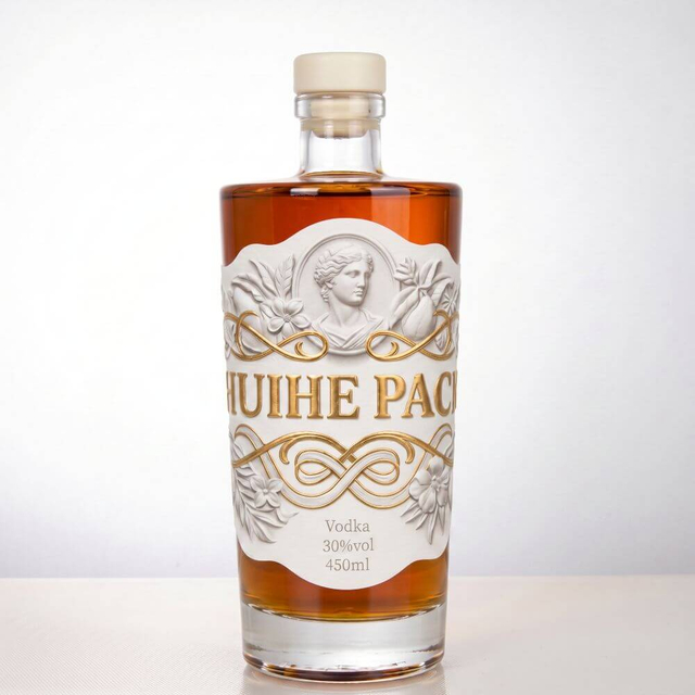 Botella de licor de vidrio con fondo grueso y hombros anchos
