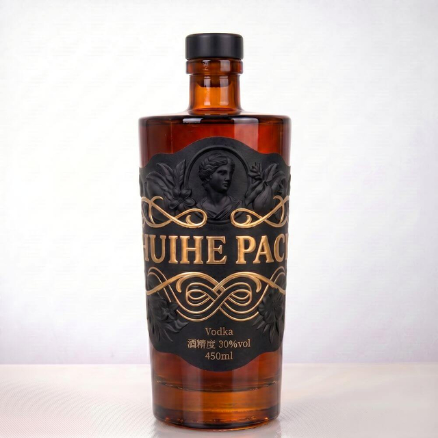 Botella de licor de vidrio con fondo grueso y hombros anchos